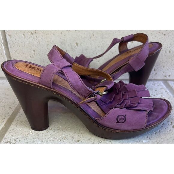 Born Mauve Purple Leather Fringe Tassel Heels Sandals Size 8 - Picture 14 of 16